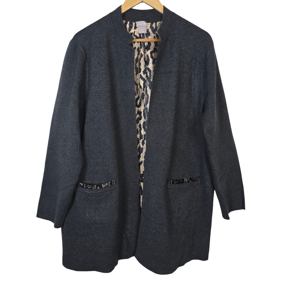 Chicos Gray Leopard Print Metallic Back Open Front Cardigan Coatigan Size 3 - XL